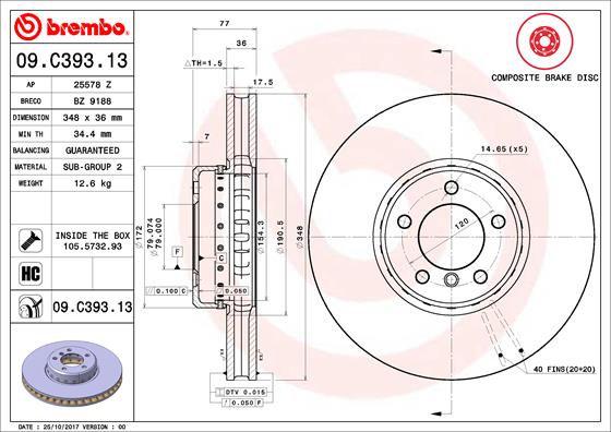 Disque de frein composite BREMBO 09.C393.13 (Vendu à l'unité)