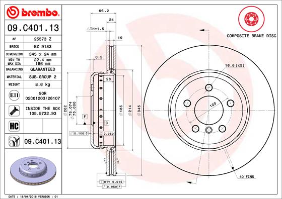 Disque de frein composite BREMBO 09.C401.13 (Vendu à l'unité)