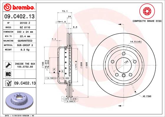 Disque de frein composite BREMBO 09.C402.13 (Vendu à l'unité)