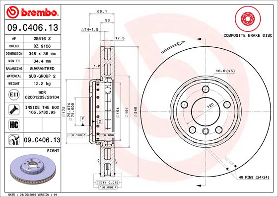 Disque de frein composite BREMBO 09.C406.13 (Vendu à l'unité)