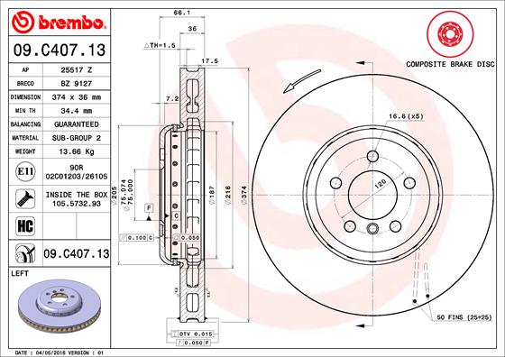 Disque de frein composite BREMBO 09.C407.13 (Vendu à l'unité)