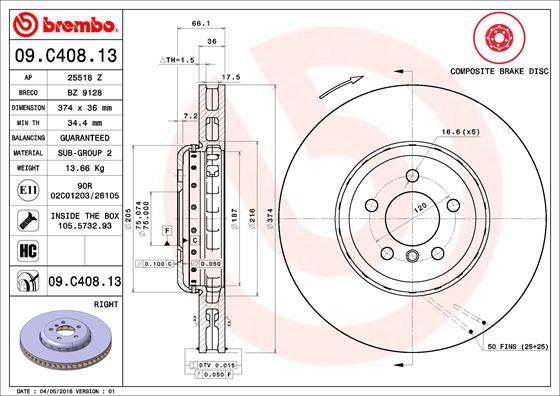 Disque de frein composite BREMBO 09.C408.13 (Vendu à l'unité)