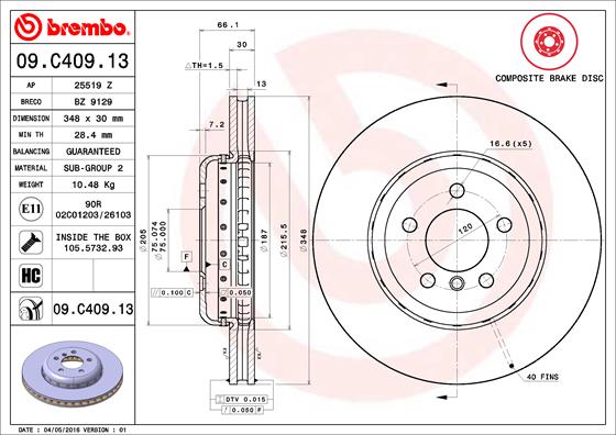 Disque de frein composite BREMBO 09.C409.13 (Vendu à l'unité)
