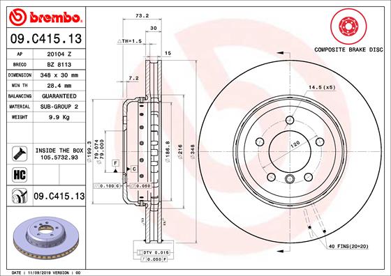 Disque de frein composite BREMBO 09.C415.13 (Vendu à l'unité)