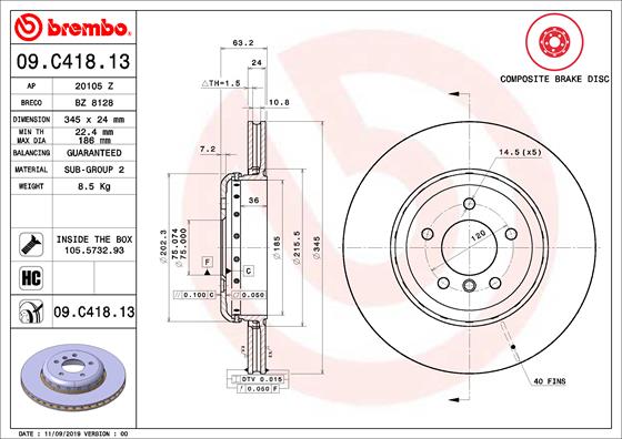 Disque de frein composite BREMBO 09.C418.13 (Vendu à l'unité)