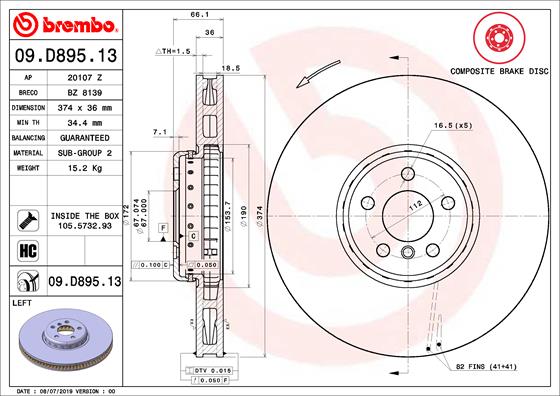 Disque de frein composite BREMBO 09.D895.13 (Vendu à l'unité)