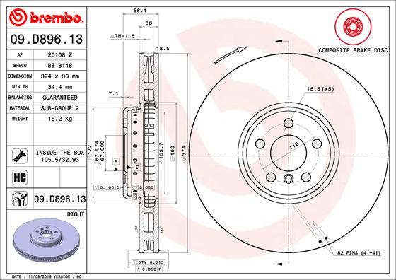 Disque de frein composite BREMBO 09.D896.13 (Vendu à l'unité)