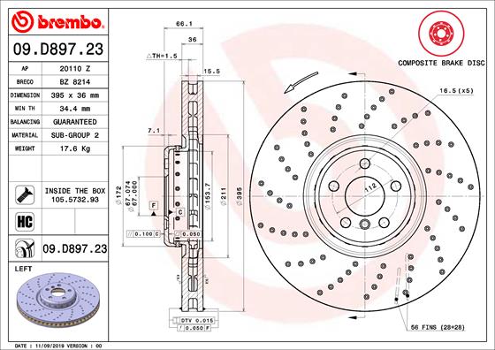 Disque de frein composite BREMBO 09.D897.23 (Vendu à l'unité)