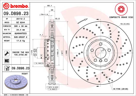 Disque de frein composite BREMBO 09.D898.23 (Vendu à l'unité)