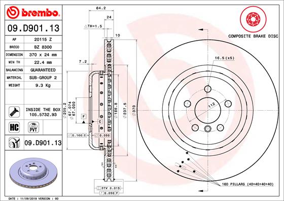 Disque de frein composite BREMBO 09.D901.13 (Vendu à l'unité)