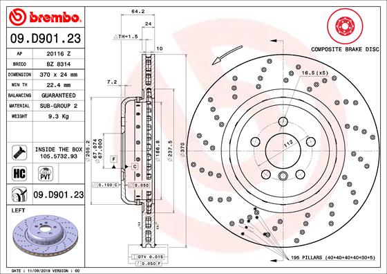 Disque de frein composite BREMBO 09.D901.23 (Vendu à l'unité)