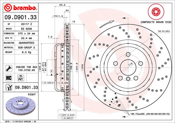 Disque de frein composite BREMBO 09.D901.33 (Vendu à l'unité)