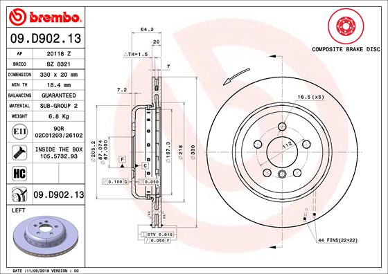 Disque de frein composite BREMBO 09.D902.13 (Vendu à l'unité)