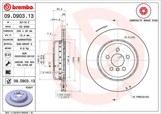 Disque de frein composite BREMBO 09.D903.13 (Vendu à l'unité)
