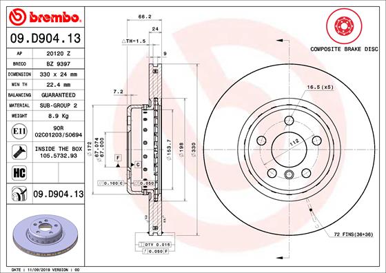 Disque de frein composite BREMBO 09.D904.13 (Vendu à l'unité)