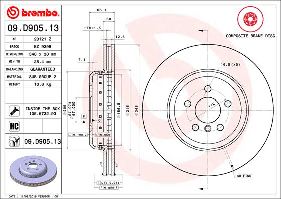Disque de frein composite BREMBO 09.D905.13 (Vendu à l'unité)