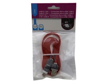 Câble USB plat rouge avec micro USB et USBC 2 m (1.5A - plastique)
