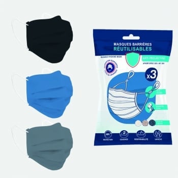 Masques barrières tissus réutilisables unis assortis noir gris bleu x3