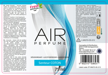 Désodorisant spray vaporisateur air perfume coton 75ml